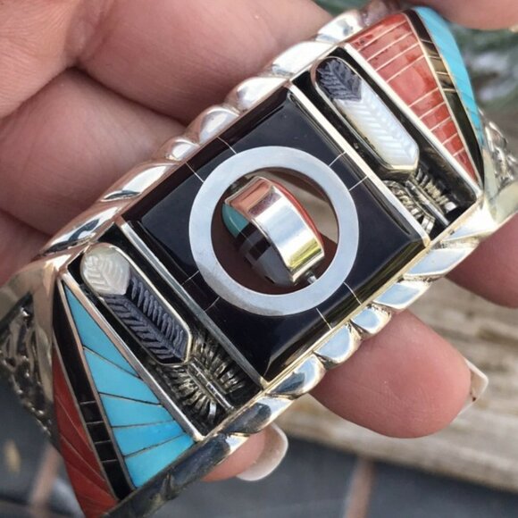 Don Dewa Zuni Sterling Silver Multi-stone SunFace Cuff Bracelet - Picture 8 of 9